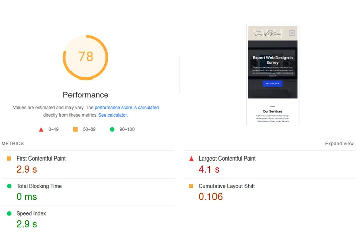 Website performance metrics before optimization