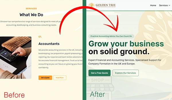 Before and after website redesign showing dramatic improvement
