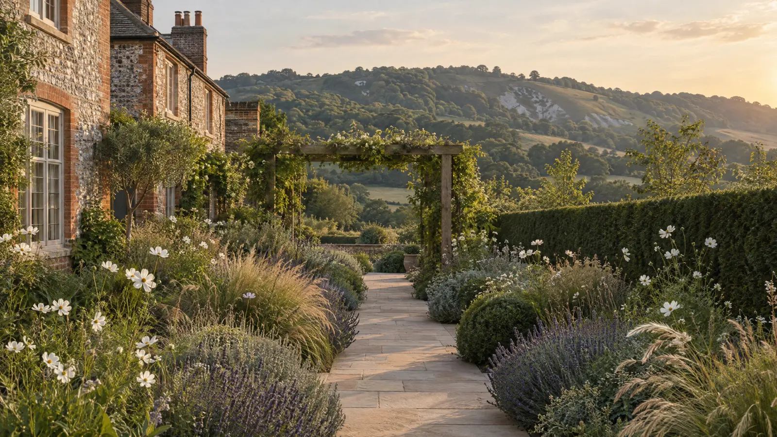 A landscaped garden with a sandstone path and oak pergola below the North Downs