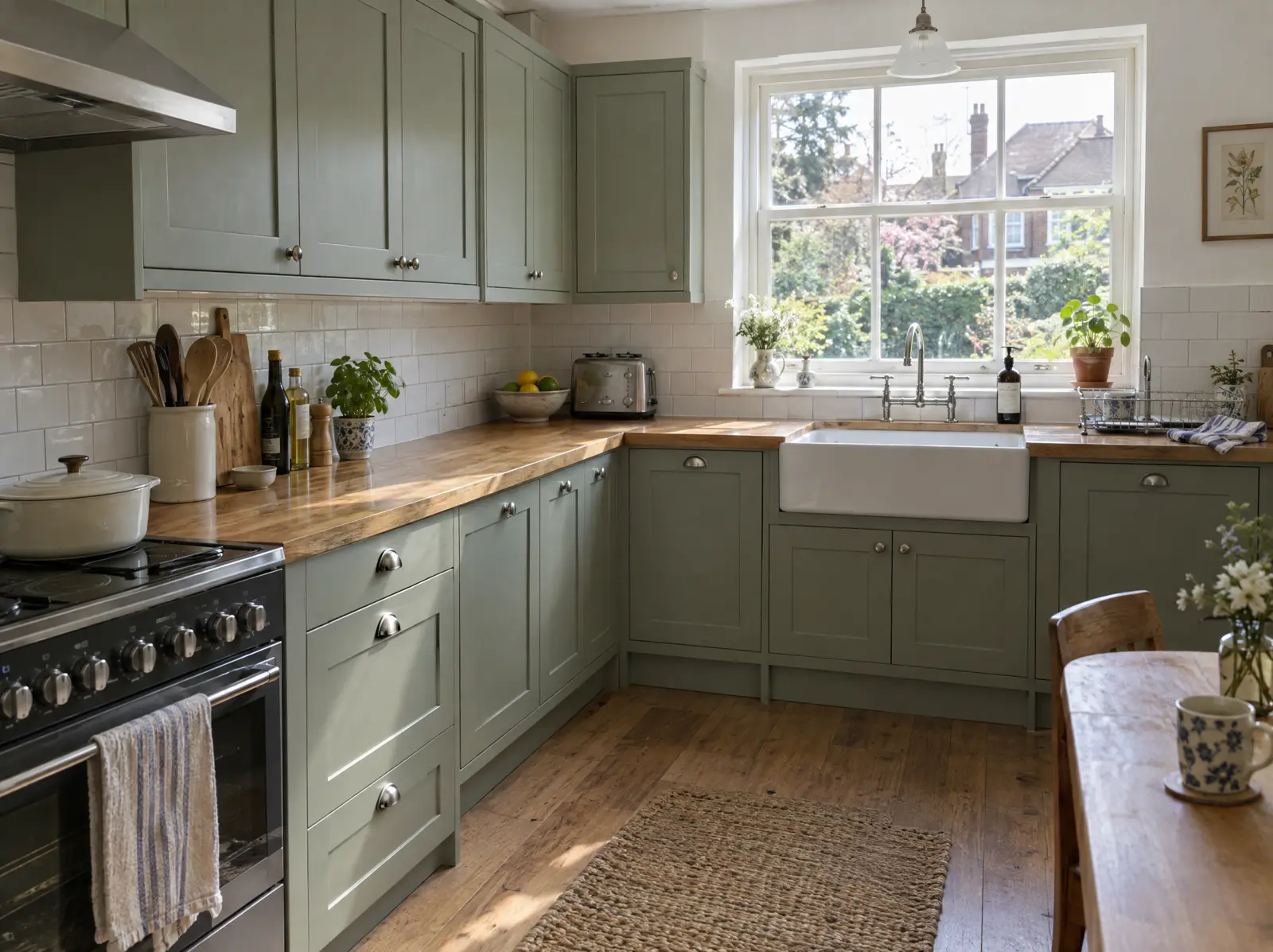 A newly fitted sage green shaker kitchen with an oak worktop