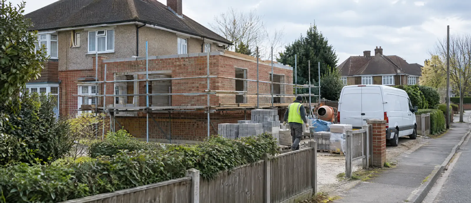 A brick rear extension being built on a Surrey semi, with scaffolding and a van